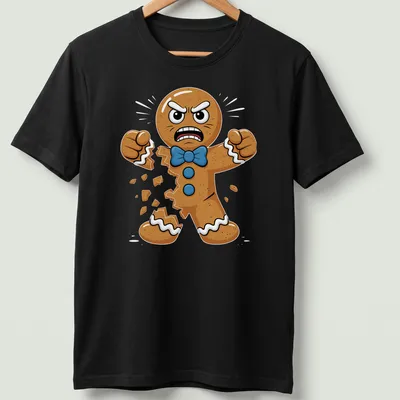Cartoon gingerbread cookie with an angry expression breaking apart — printed on a unisex t-shirt