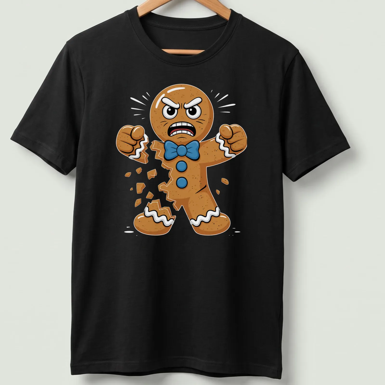 Cartoon gingerbread cookie with an angry expression breaking apart — printed on a unisex t-shirt