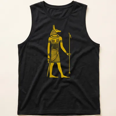 Illustrative print of Anubis, Egyptian god, holding a spear in gold and white — printed on a tank top