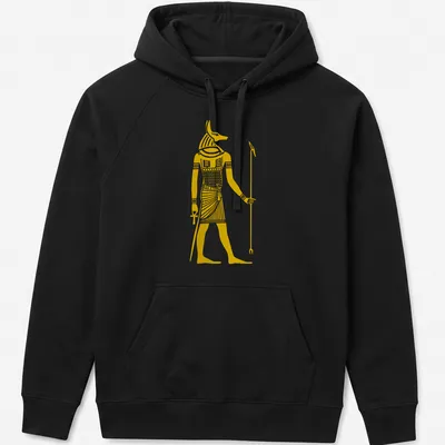Illustrative print of Anubis, Egyptian god, holding a spear in gold and white — printed on a unisex hoodie