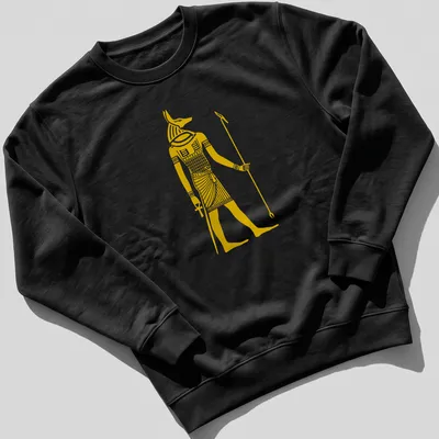 Illustrative print of Anubis, Egyptian god, holding a spear in gold and white — printed on a unisex sweatshirt