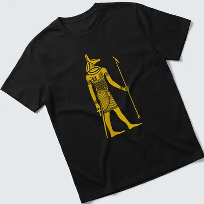Illustrative print of Anubis, Egyptian god, holding a spear in gold and white