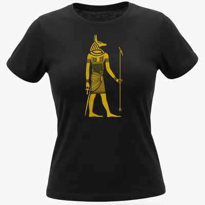 Illustrative print of Anubis, Egyptian god, holding a spear in gold and white — printed on a women's shirt