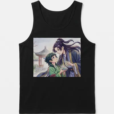 Anime illustration of an apothecary girl with an imperial prince under cherry blossoms — printed on a tank top