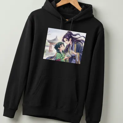 Anime illustration of an apothecary girl with an imperial prince under cherry blossoms — printed on a unisex hoodie