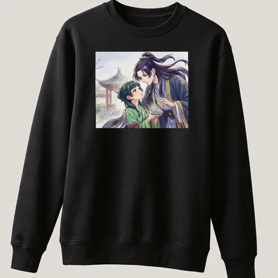 Anime illustration of an apothecary girl with an imperial prince under cherry blossoms — printed on a unisex sweatshirt