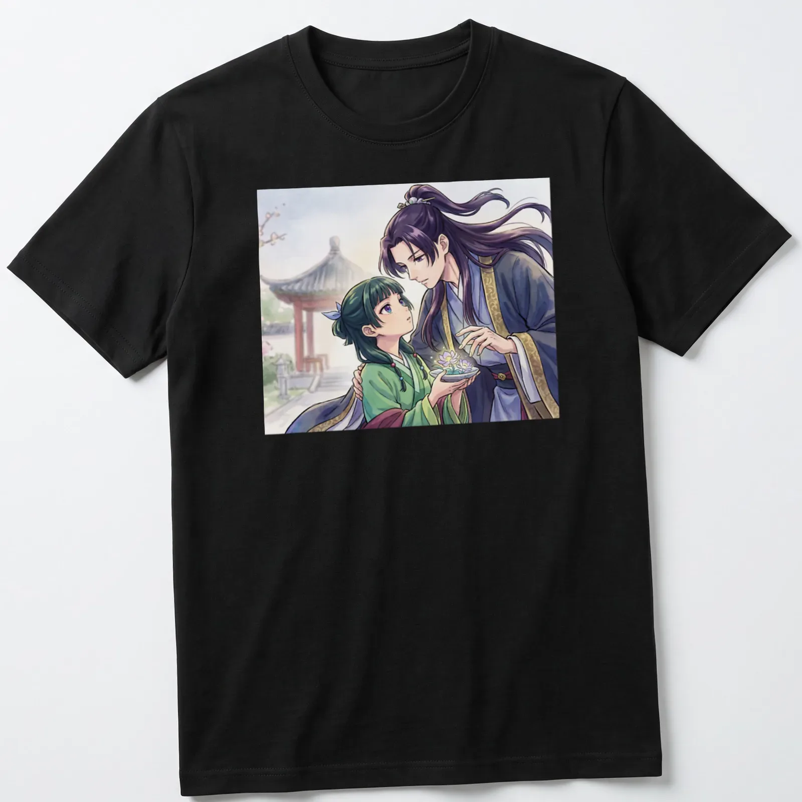 Anime illustration of an apothecary girl with an imperial prince under cherry blossoms — printed on a unisex t-shirt