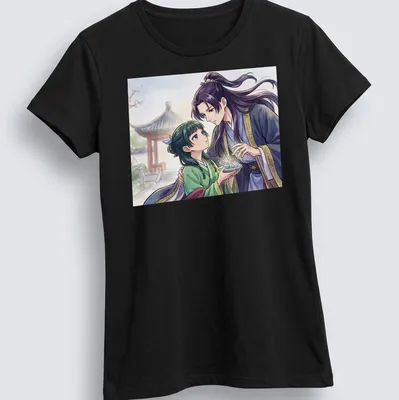 Anime illustration of an apothecary girl with an imperial prince under cherry blossoms — printed on a women's shirt