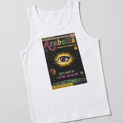 Illustration of a cosmic eye with text about Arabella and outer space in vibrant comic book style. — printed on a tank top