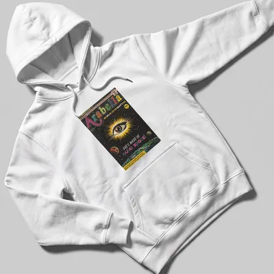 Illustration of a cosmic eye with text about Arabella and outer space in vibrant comic book style. — printed on a unisex hoodie