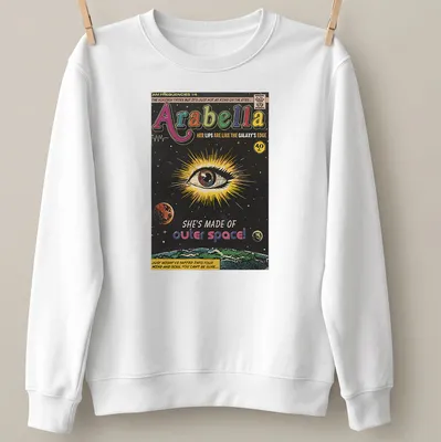 Illustration of a cosmic eye with text about Arabella and outer space in vibrant comic book style. — printed on a unisex sweatshirt