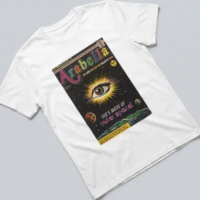 Illustration of a cosmic eye with text about Arabella and outer space in vibrant comic book style.