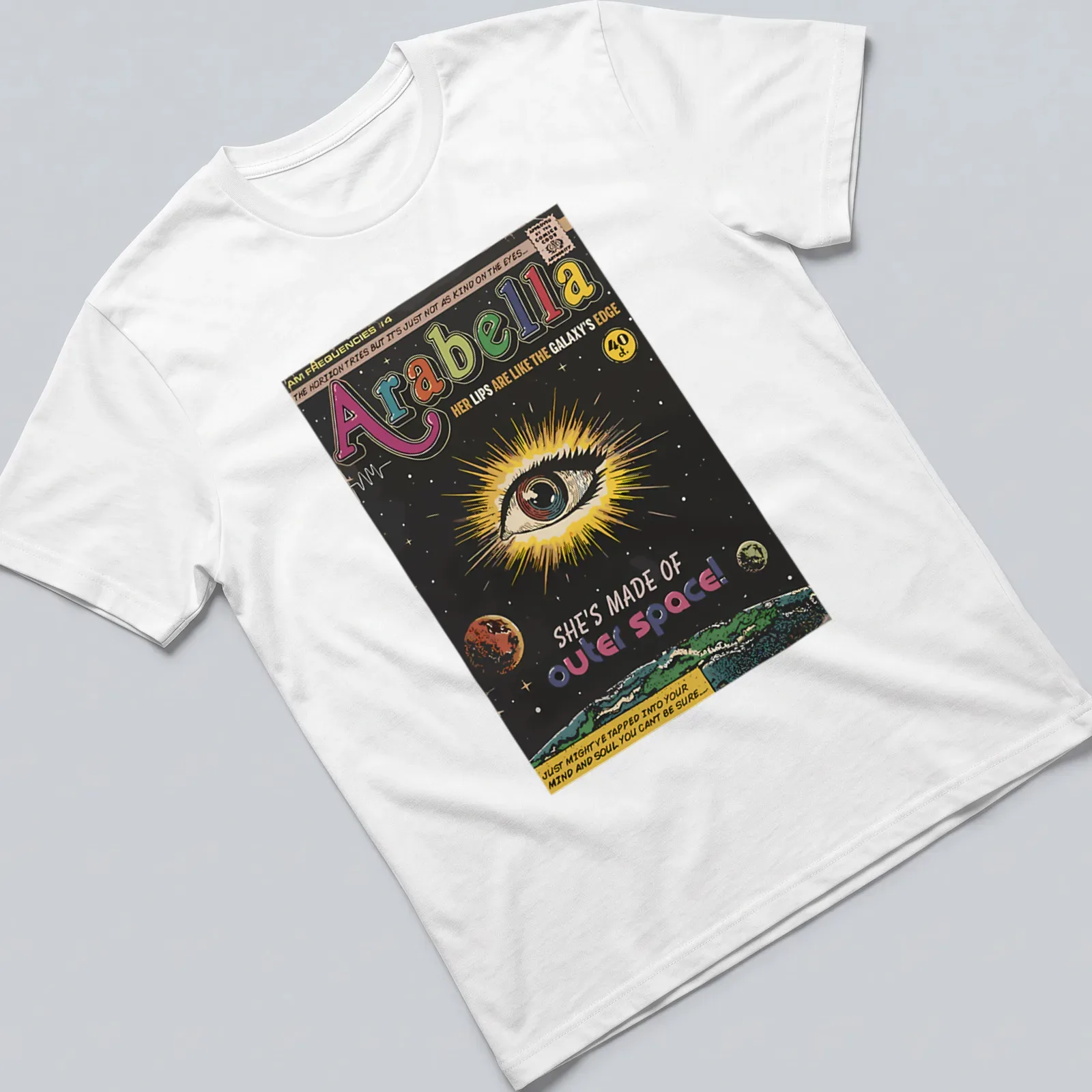 Illustration of a cosmic eye with text about Arabella and outer space in vibrant comic book style. — printed on a unisex t-shirt
