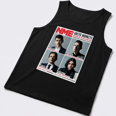 Magazine cover style Arctic Monkeys t-shirt with quotes from band members — printed on a tank top
