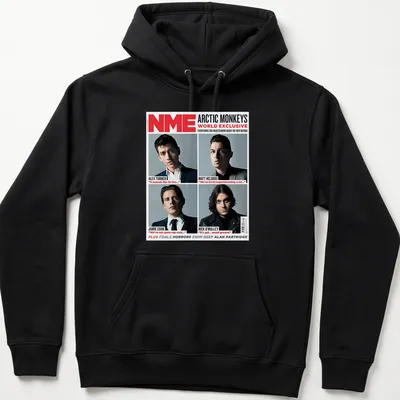 Magazine cover style Arctic Monkeys t-shirt with quotes from band members — printed on a unisex hoodie