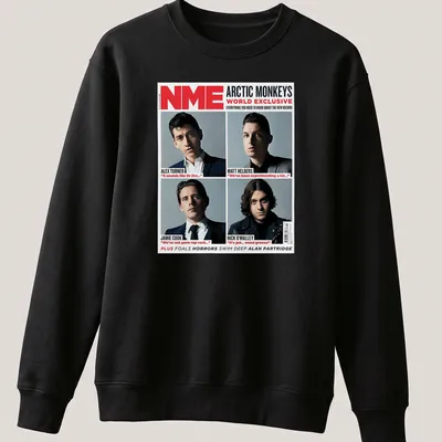 Magazine cover style Arctic Monkeys t-shirt with quotes from band members — printed on a unisex sweatshirt