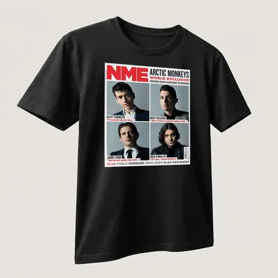 Magazine cover style Arctic Monkeys t-shirt with quotes from band members — printed on a unisex t-shirt (angled view)