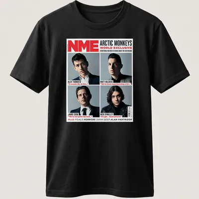Magazine cover style Arctic Monkeys t-shirt with quotes from band members