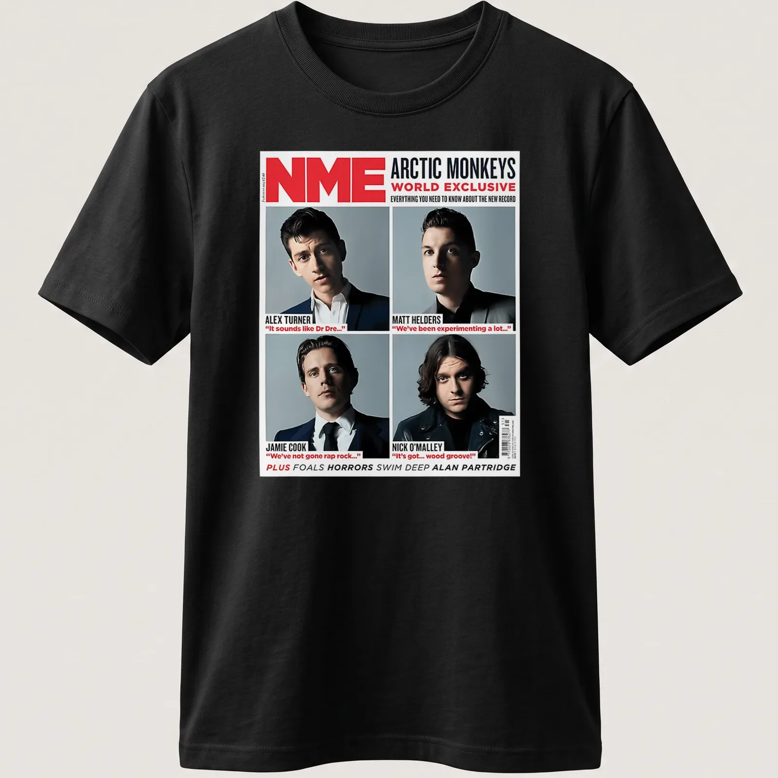 Magazine cover style Arctic Monkeys t-shirt with quotes from band members — printed on a unisex t-shirt