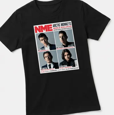 Magazine cover style Arctic Monkeys t-shirt with quotes from band members — printed on a women's shirt