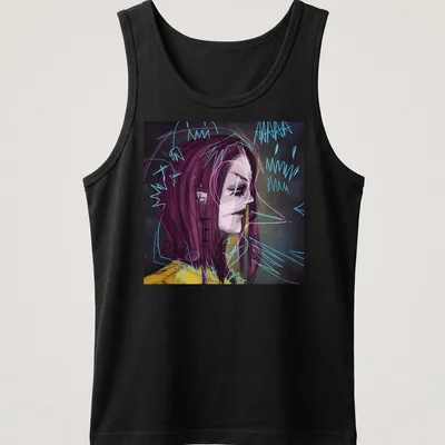 Abstract female portrait in purple, blue, yellow, black, and white — printed on a tank top