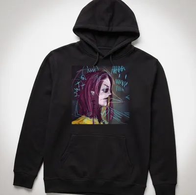 Abstract female portrait in purple, blue, yellow, black, and white — printed on a unisex hoodie