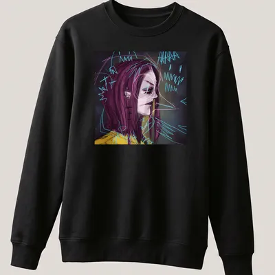 Abstract female portrait in purple, blue, yellow, black, and white — printed on a unisex sweatshirt