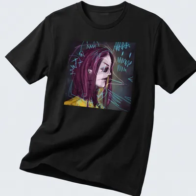 Abstract female portrait in purple, blue, yellow, black, and white