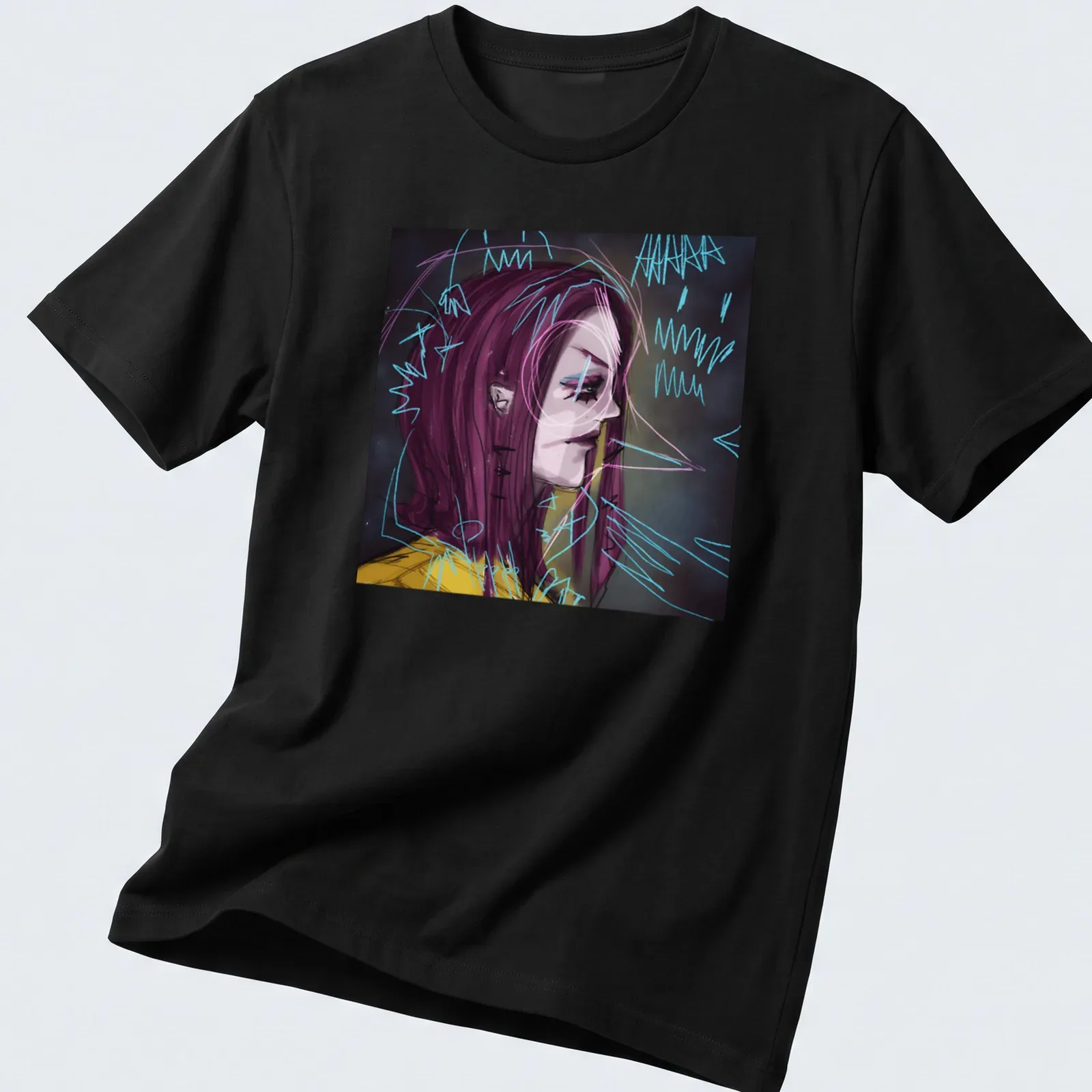Abstract female portrait in purple, blue, yellow, black, and white — printed on a unisex t-shirt