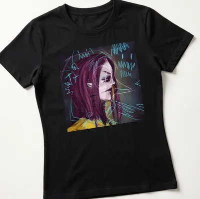 Abstract female portrait in purple, blue, yellow, black, and white — printed on a women's shirt