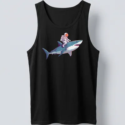 Playful cartoon of an astronaut riding a shark in vibrant colors — printed on a tank top