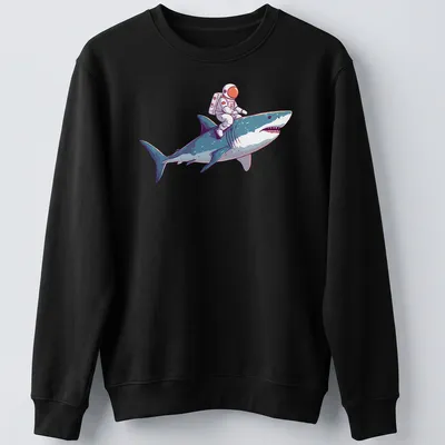 Playful cartoon of an astronaut riding a shark in vibrant colors — printed on a unisex sweatshirt