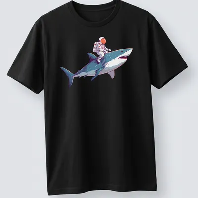 Playful cartoon of an astronaut riding a shark in vibrant colors