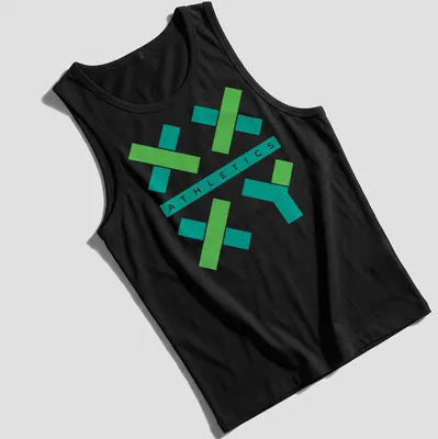 Modern geometric print of XX XY logo with Athletics text in green and teal — printed on a tank top