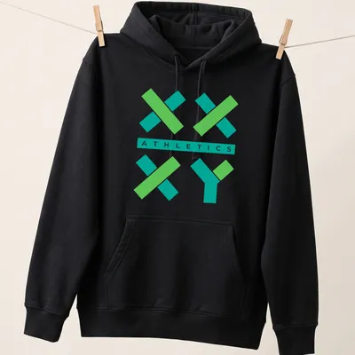 Modern geometric print of XX XY logo with Athletics text in green and teal — printed on a unisex hoodie