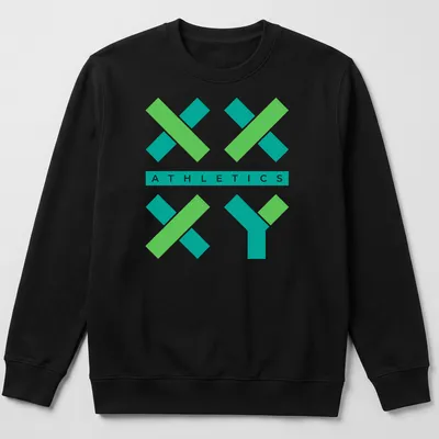 Modern geometric print of XX XY logo with Athletics text in green and teal — printed on a unisex sweatshirt
