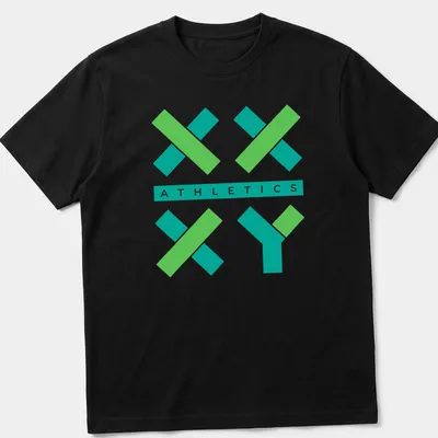 Modern geometric print of XX XY logo with Athletics text in green and teal