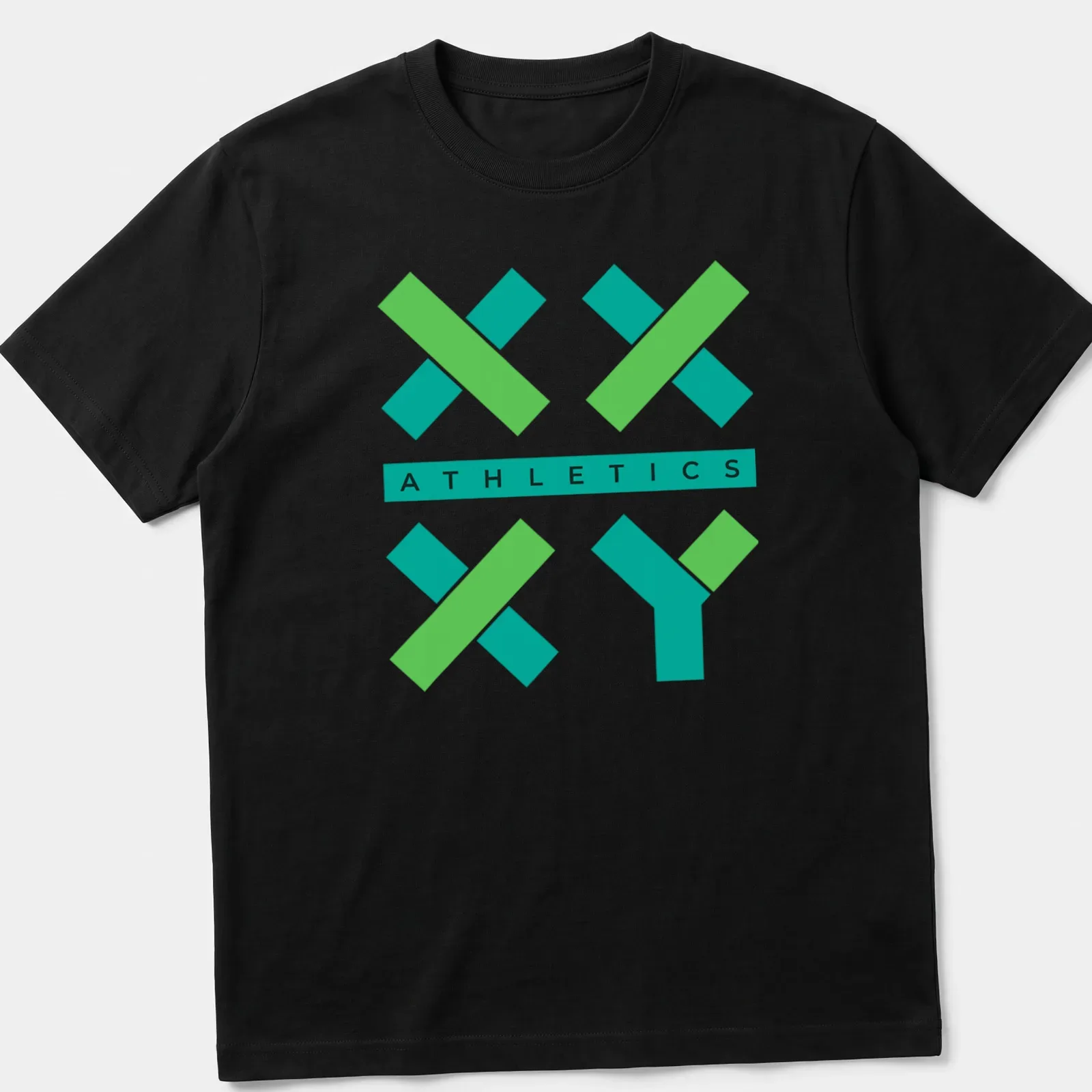 Modern geometric print of XX XY logo with Athletics text in green and teal — printed on a unisex t-shirt