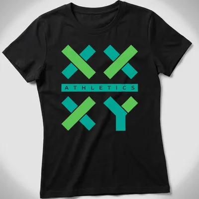 Modern geometric print of XX XY logo with Athletics text in green and teal — printed on a women's shirt