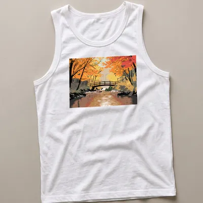 Illustrative print of a troll by a bridge in autumn colors — printed on a tank top
