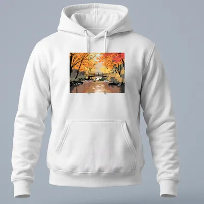 Illustrative print of a troll by a bridge in autumn colors — printed on a unisex hoodie