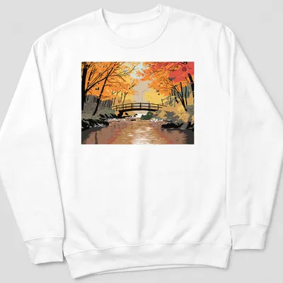 Illustrative print of a troll by a bridge in autumn colors — printed on a unisex sweatshirt