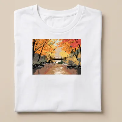 Illustrative print of a troll by a bridge in autumn colors