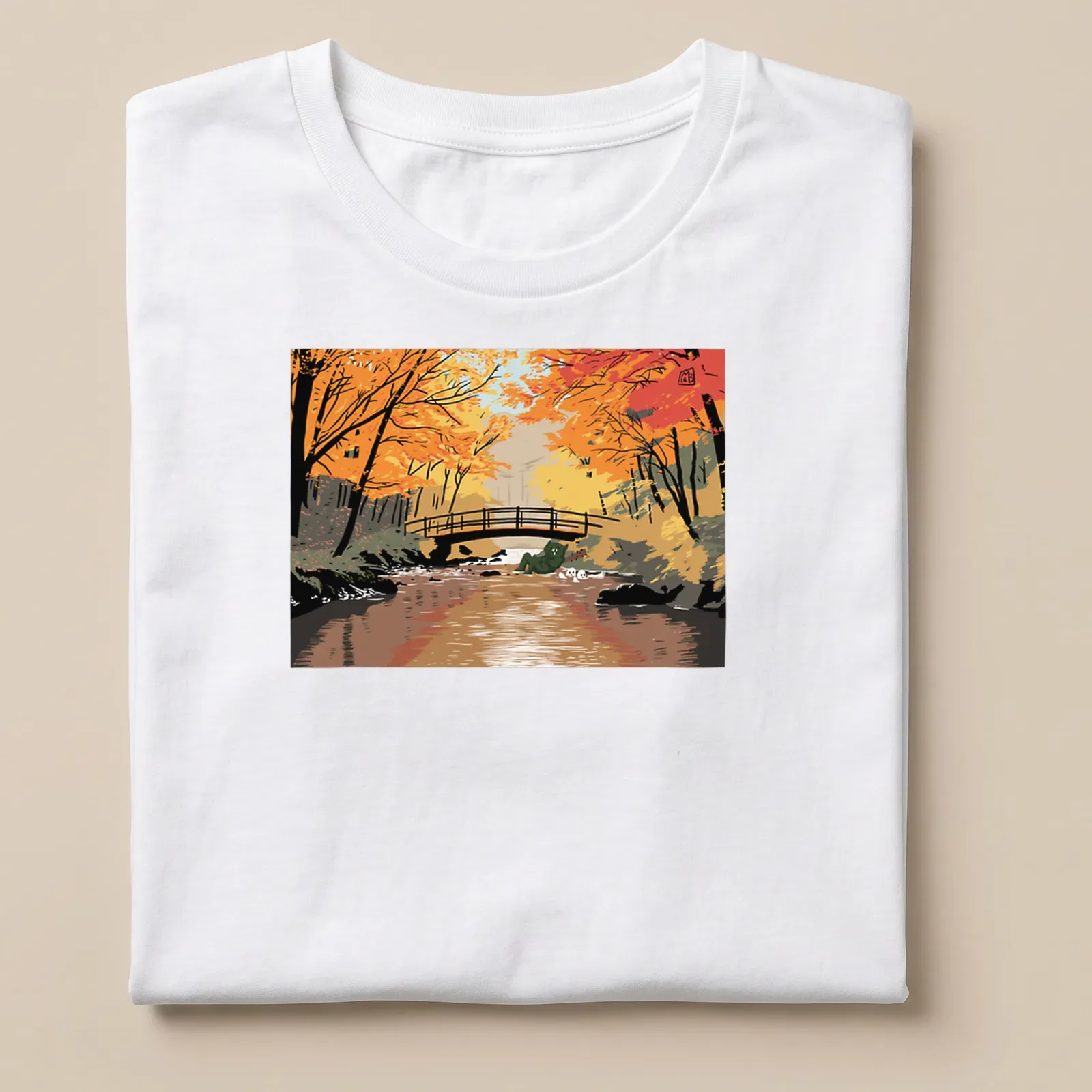 Illustrative print of a troll by a bridge in autumn colors — printed on a unisex t-shirt