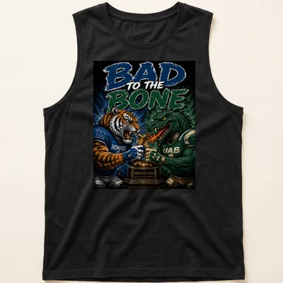 Illustration of the Memphis Tigers and UAB Blazers mascots with bold colors — printed on a tank top