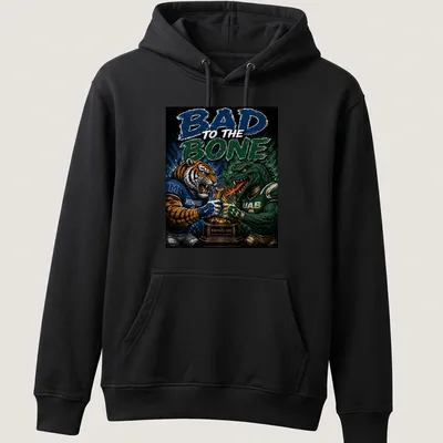 Illustration of the Memphis Tigers and UAB Blazers mascots with bold colors — printed on a unisex hoodie