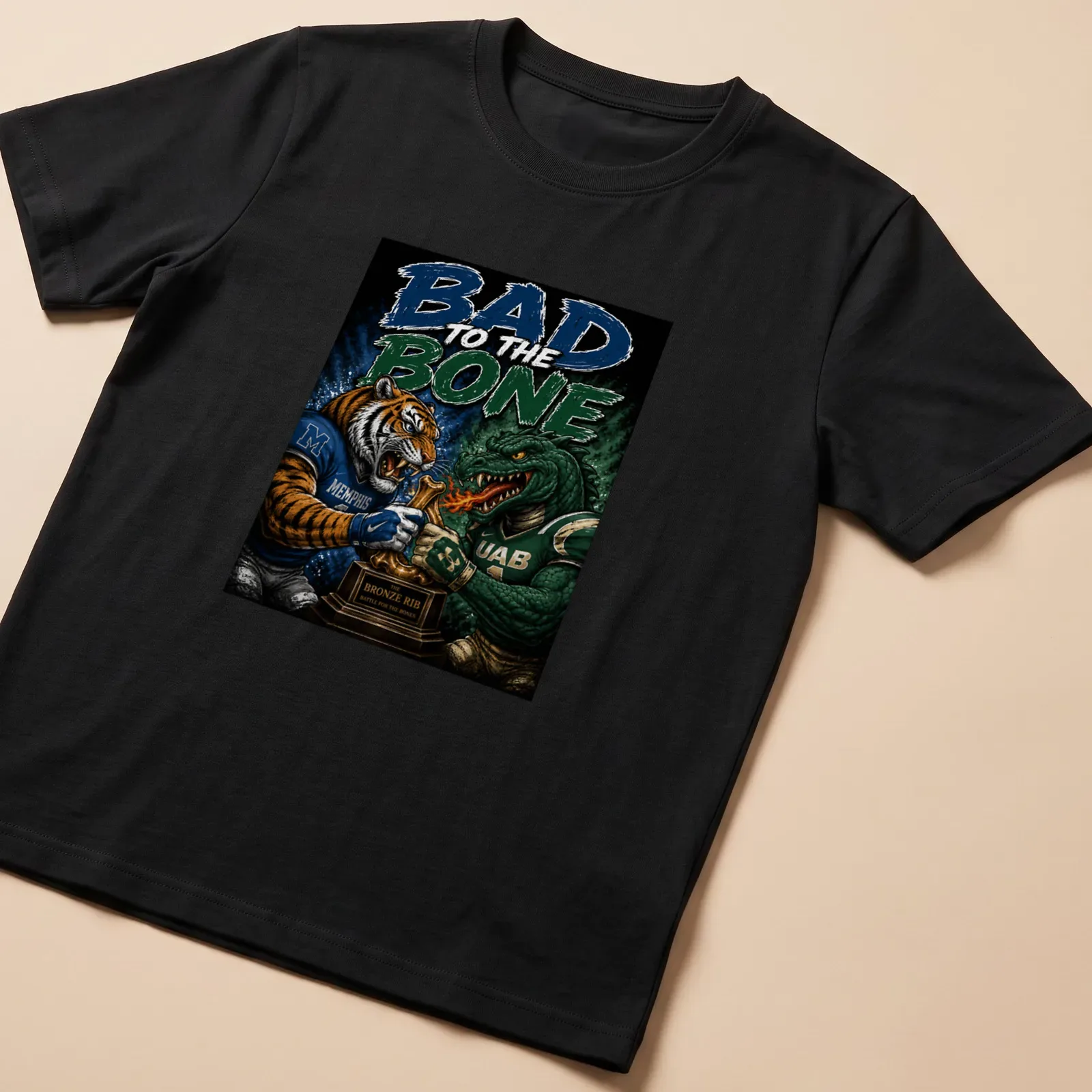 Illustration of the Memphis Tigers and UAB Blazers mascots with bold colors — printed on a unisex t-shirt