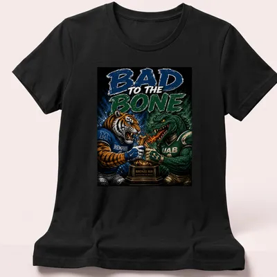 Illustration of the Memphis Tigers and UAB Blazers mascots with bold colors — printed on a women's shirt