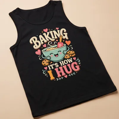 Kawaii t-shirt featuring a cute bowl of cookie dough with cookies and playful text — printed on a tank top