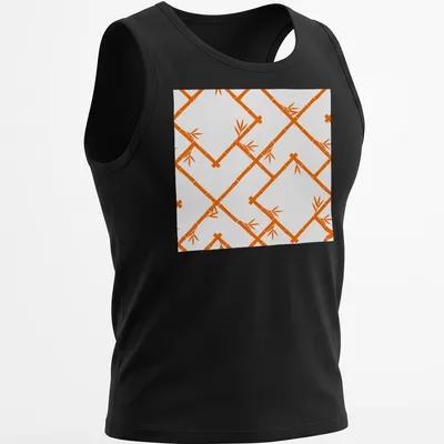 Modern chinoiserie bamboo lattice pattern in orange and white — printed on a tank top